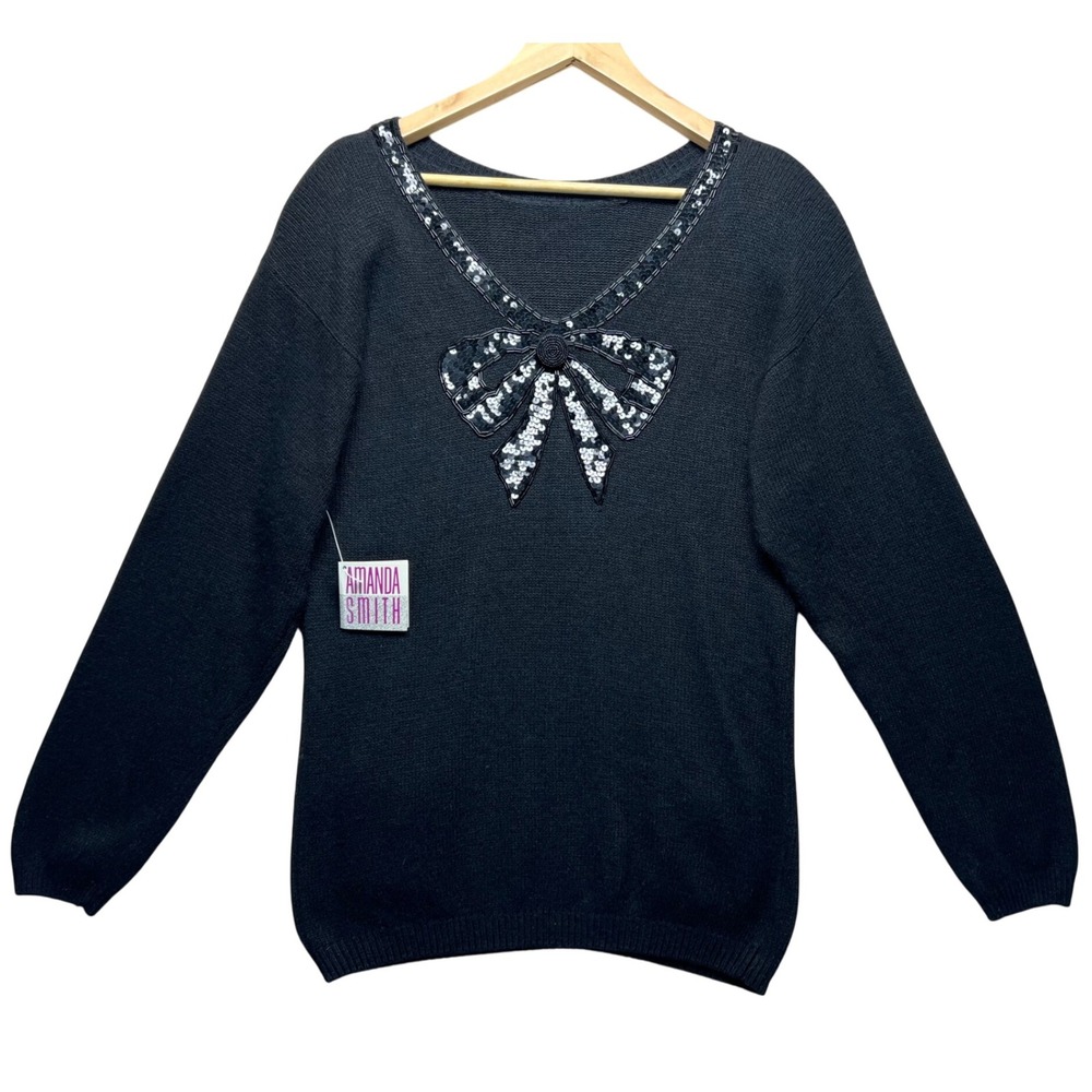 Vintage Sweater Sequined Bow V-Neck Black Old Money Knit‎ Glam Wool Blend Retro
